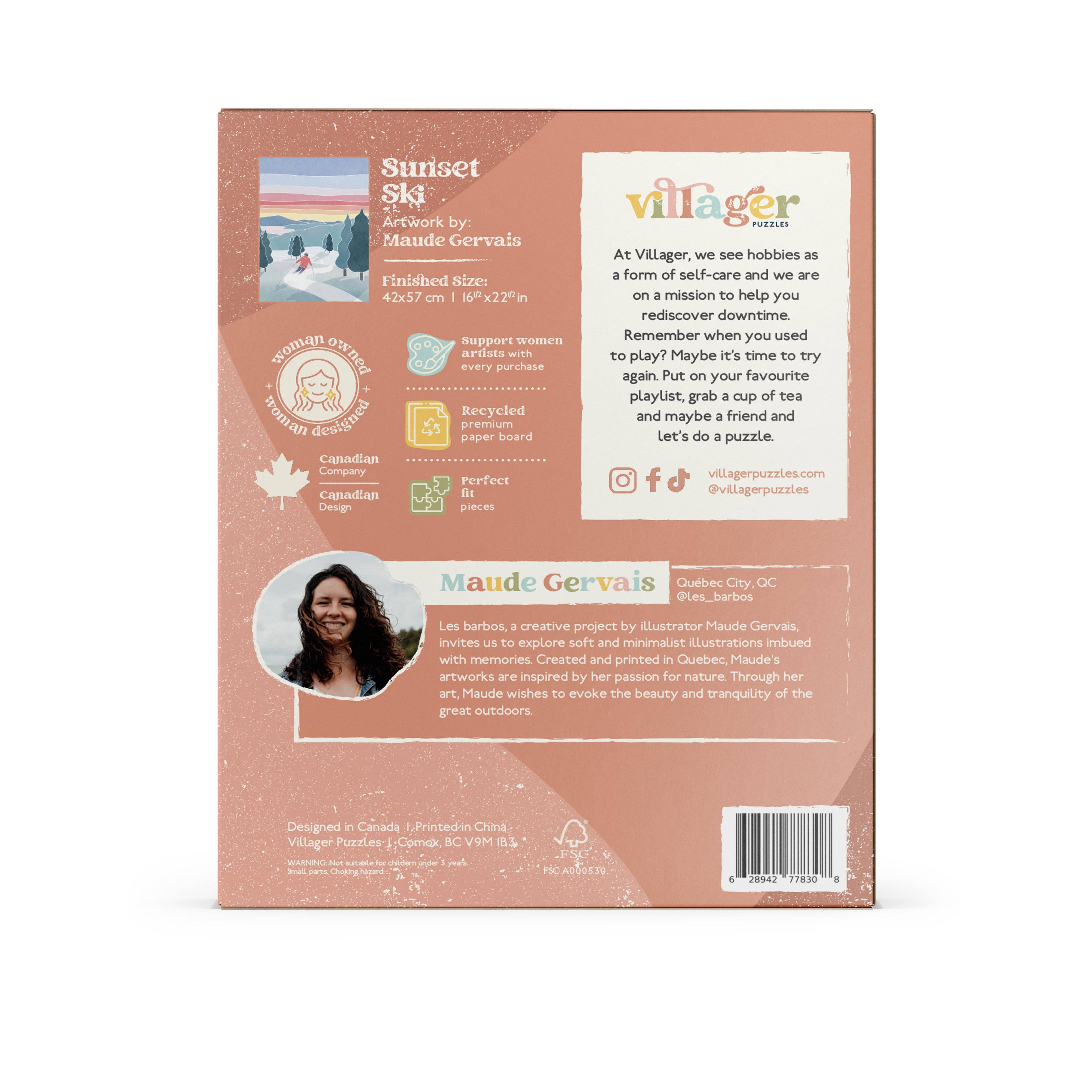 Villager Puzzles - Sunset Ski | Puzzle de 500 pièces pour adultes | Conçu au Canada par Maude Gervais